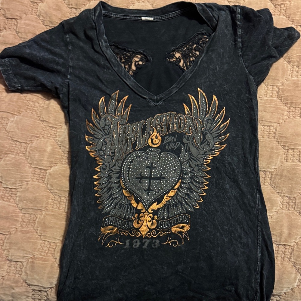 Affliction Women's Black and Gold Graphic Tee